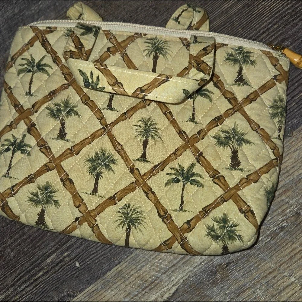 Palm Tree Quilted Cosmetic Bag Purse Set